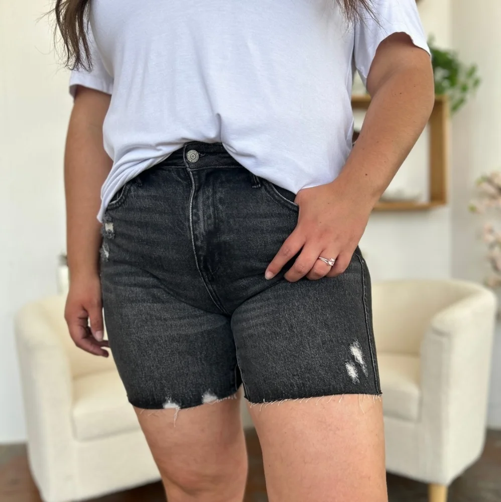 Judy Blue High Rise Tummy Control Denim Slim Black Distressed Frayed Jean Shorts